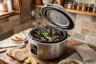Moules cuites au Cookeo servies dans la cuve pour une grande tablée familiale avec pain et citron