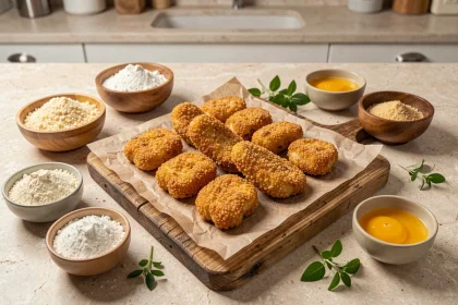 Vue de dessus d'une panure maison pour nuggets de poulet avec ingrédients sur planche en bois