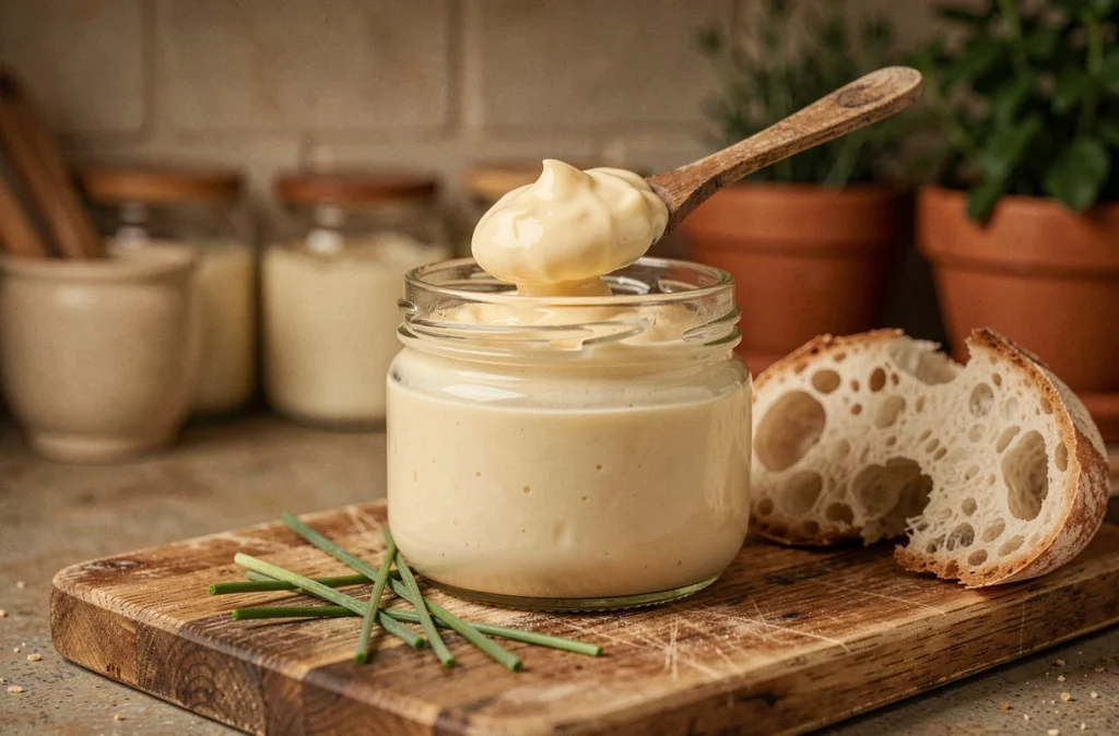 Gros plan d'un pot en verre rempli de mayonnaise maison crémeuse avec une cuillère en bois et du pain baguette sur une planche en bois