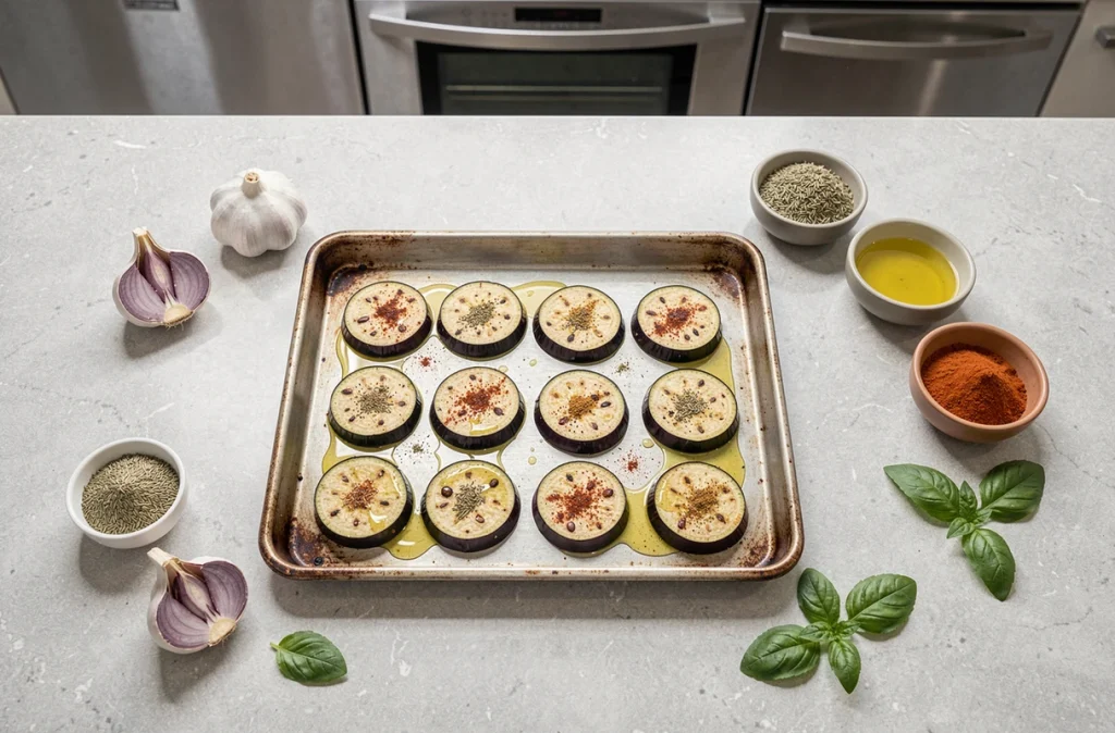 Préparation de tranches d'aubergines crues assaisonnées sur une plaque de cuisson avant la cuisson au four, avec ail, épices et huile d'olive