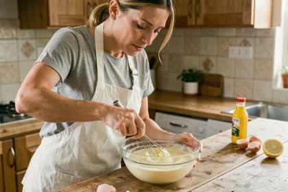 Femme préparant une mayonnaise maison en fouettant les ingrédients dans un bol en verre sur un plan de travail en bois