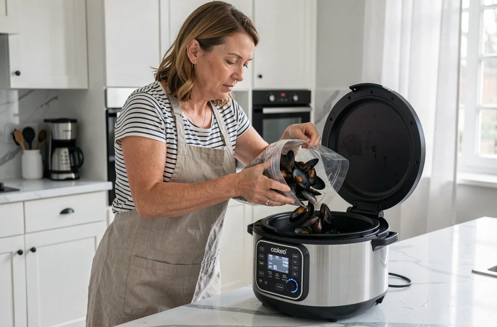 Femme versant des moules fraîches dans un Cookeo pour préparer un repas familial