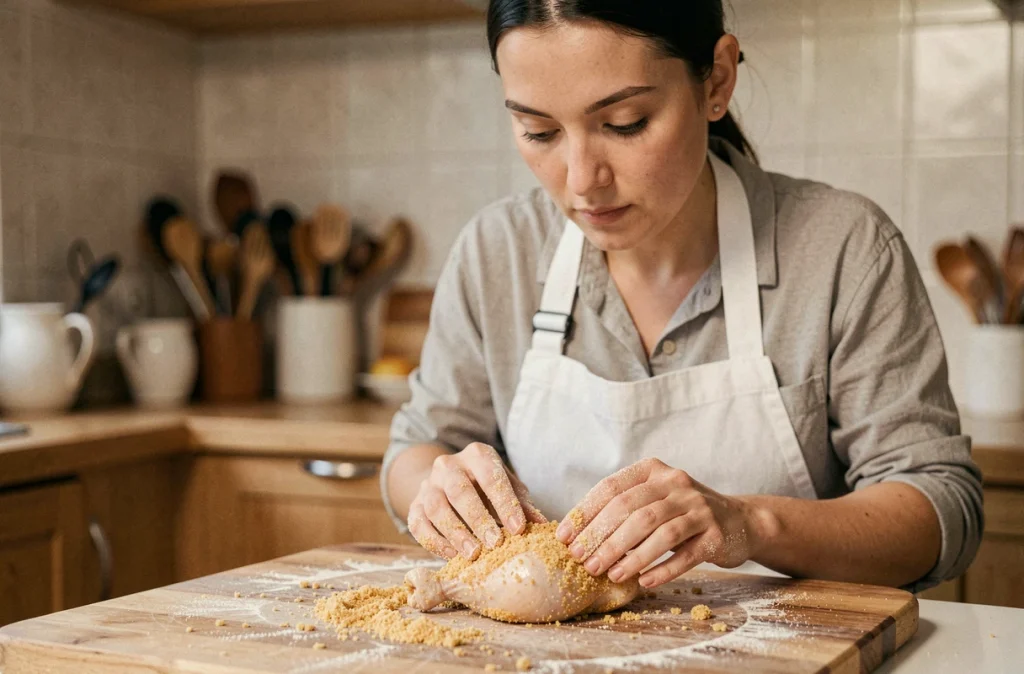 Femme préparant la panure de nuggets de poulet maison dans une cuisine familiale