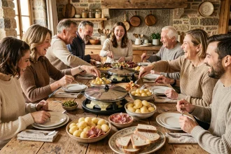 Dix personnes réunies autour d'une table de raclette conviviale avec fromage fondu, charcuterie et pommes de terre