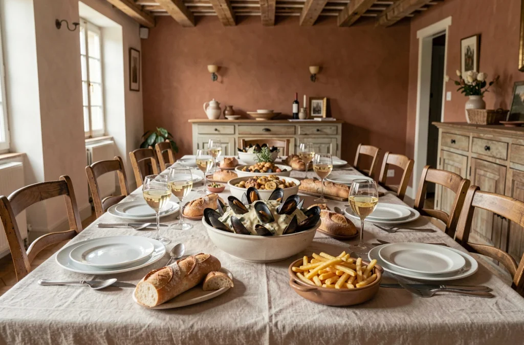 Table familiale dressée pour une grande tablée avec des moules au Cookeo, pain et frites