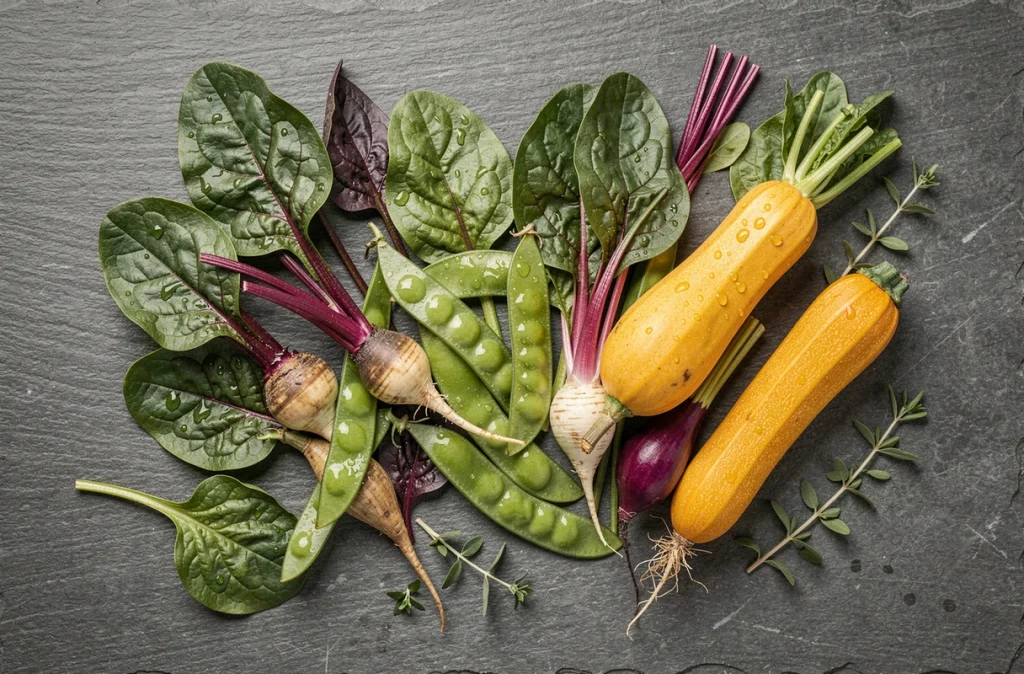 Vue aérienne d'une sélection de légumes en S dont salsifis, épinards, pois gourmands et courge sur une surface en ardoise