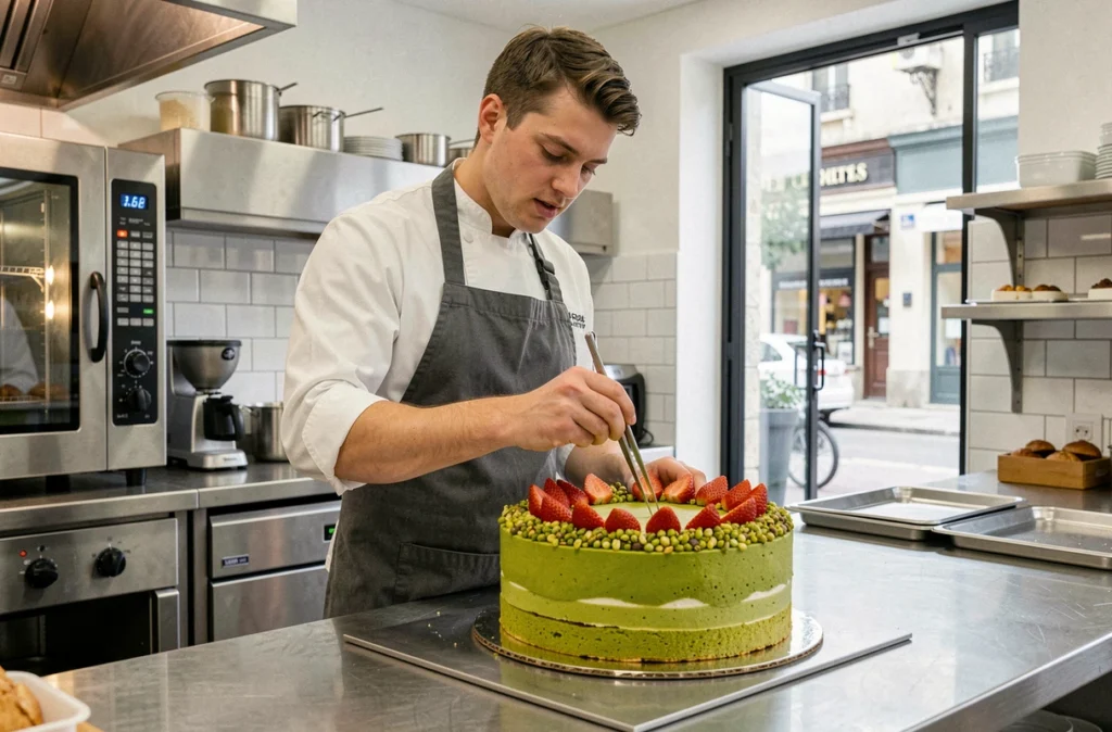 Alexis Deschamps, pâtissier à Anse, décorant un entremet pistache et fraise à l'aide d'une pince dans son laboratoire