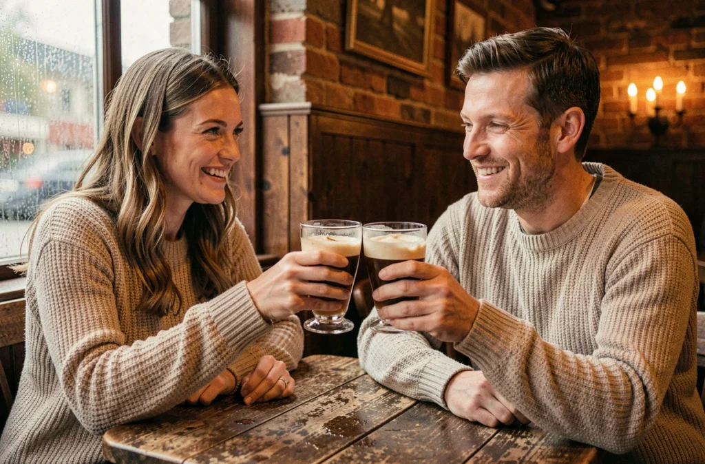 Deux amis portant un toast avec des Irish coffee dans un pub chaleureux aux murs en briques apparentes