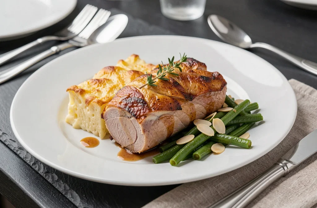 Assiette individuelle raffinée de confit de canard avec gratin dauphinois et haricots verts pour un repas de Noël