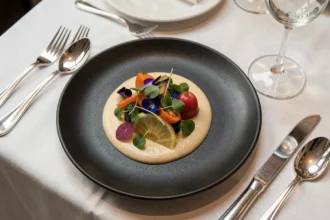 Assiette végétarienne raffinée dans un restaurant étoilé de Lille avec légumes anciens et fleurs comestibles sur nappe blanche