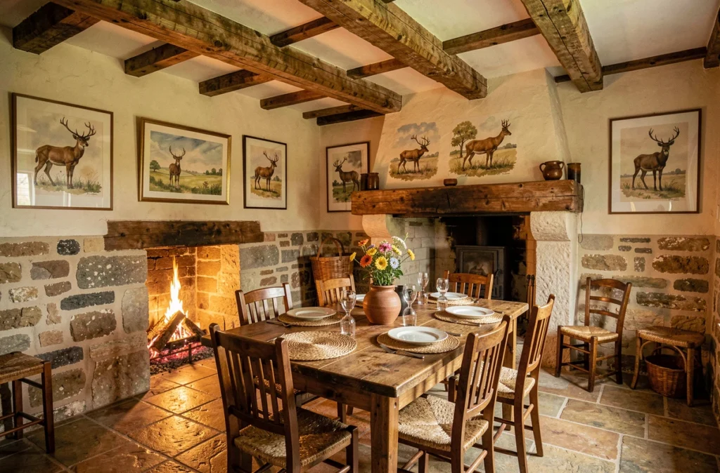 Salle rustique de l'Auberge de la Bruyère à Saint-Julien-de-Vouvantes avec cheminée, poutres apparentes et table dressée pour deux
