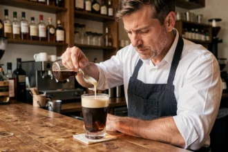 Barista versant de la crème sur un Irish coffee dans un verre à pied sur un comptoir de bar en bois
