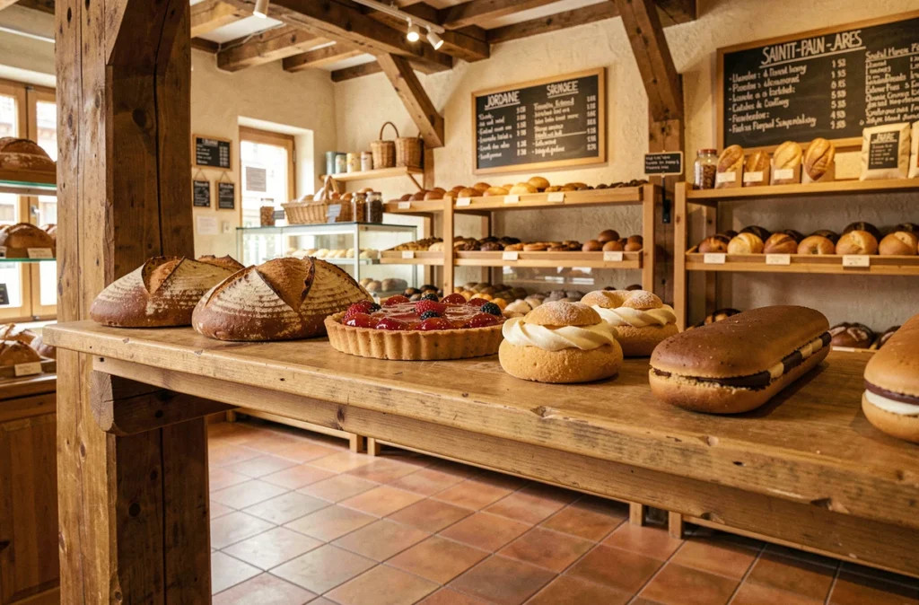 Étagère en bois de la Boulangerie Pâtisserie Jordan à Saint-Paul-en-Jarez avec un pain au levain, une tarte aux fruits et un éclair au café