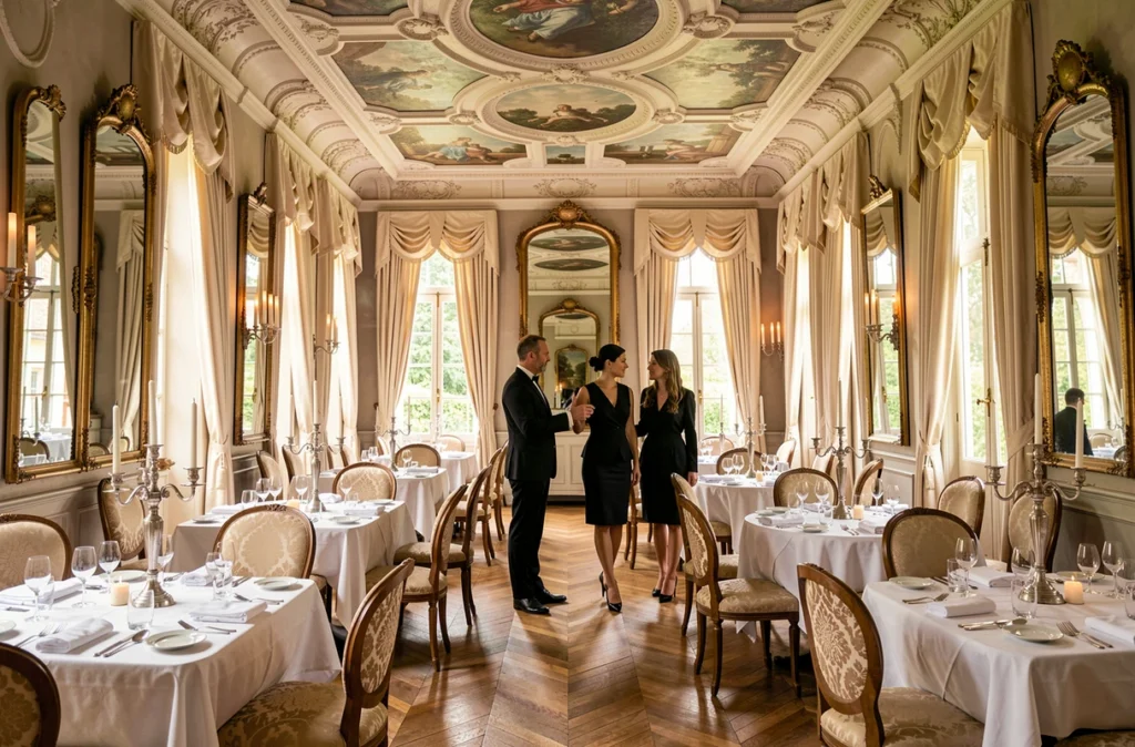 Grande salle de restaurant du Château de Noirieux à Briollay, avec plafonds ornés, chandeliers argentés et décor châtelain