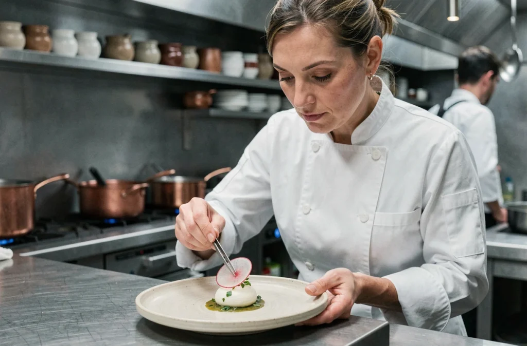 Cheffe cuisinière assembling une assiette végétarienne dans la cuisine ouverte d'un restaurant étoilé à Lille