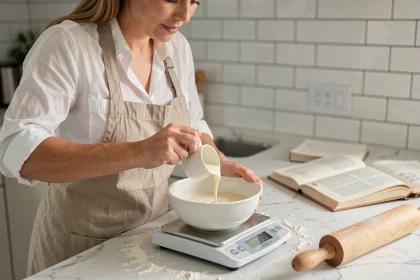 Femme versant de la crème dans une balance de cuisine numérique affichant des grammes, sur un plan de travail en marbre avec recette manuscrite