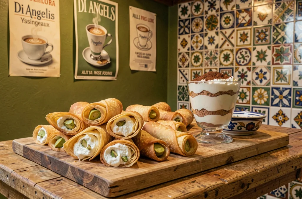 Assortiment de cannoli, sfogliatelle et tiramisu en verrine de Di Angelis à Yssingeaux sur une planche en bois rustique
