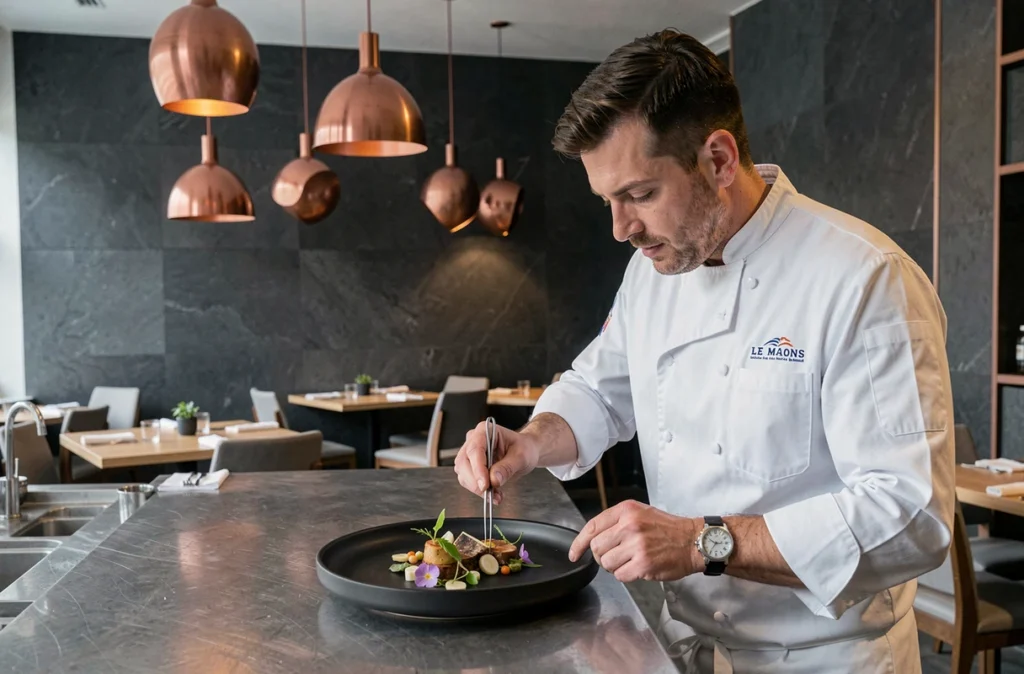 Chef du restaurant gastronomique L'Éveil des Sens au Mans dressant une assiette créative dans un décor contemporain épuré