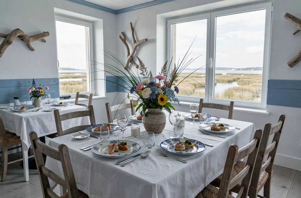 Salle du restaurant de l'Hôtel Fleur de Sel à Noirmoutier, avec vue sur les marais salants et décor marin raffiné