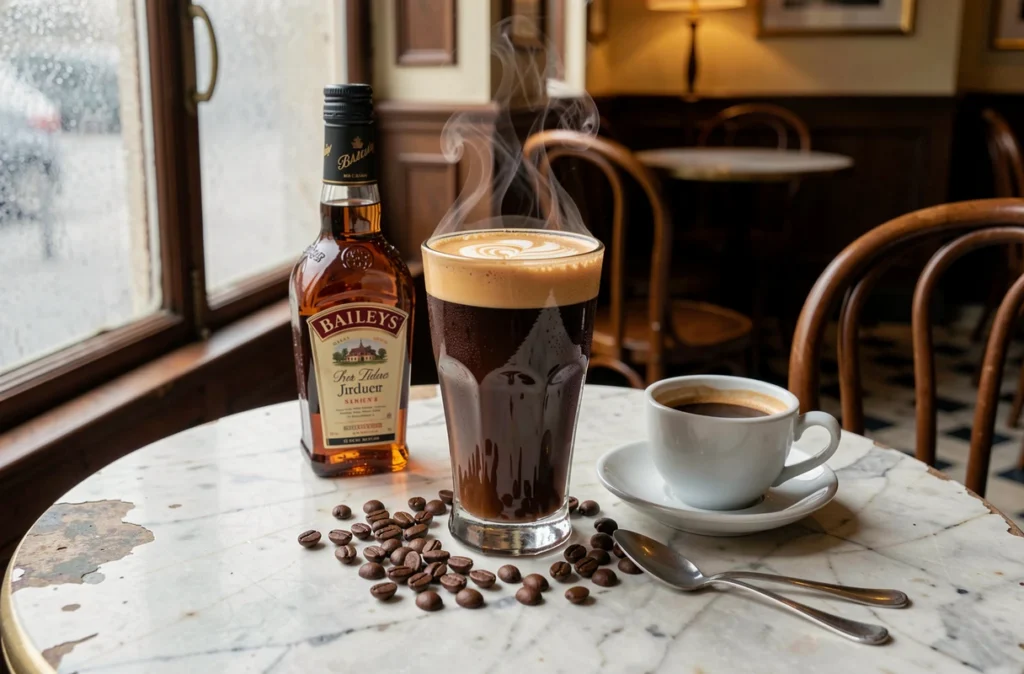 Irish coffee servi sur une table de café avec une bouteille de Baileys et des grains de café éparpillés