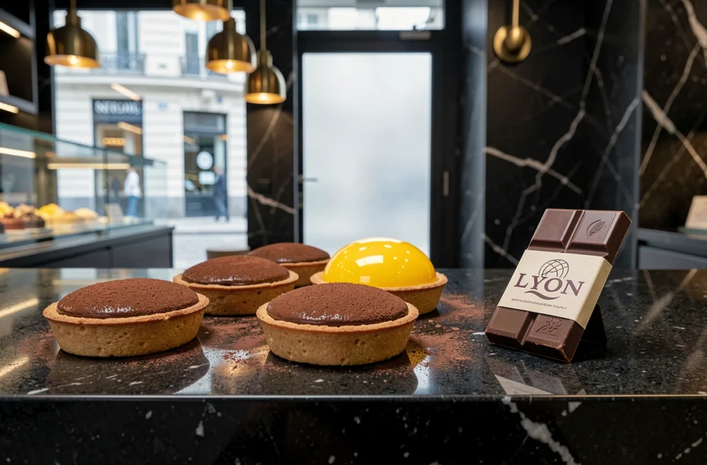 Sélection de tartes au chocolat et d'un dôme mangue-passion de Jonathan Chapuy, pâtissier à Lyon, sur une surface en granit noir