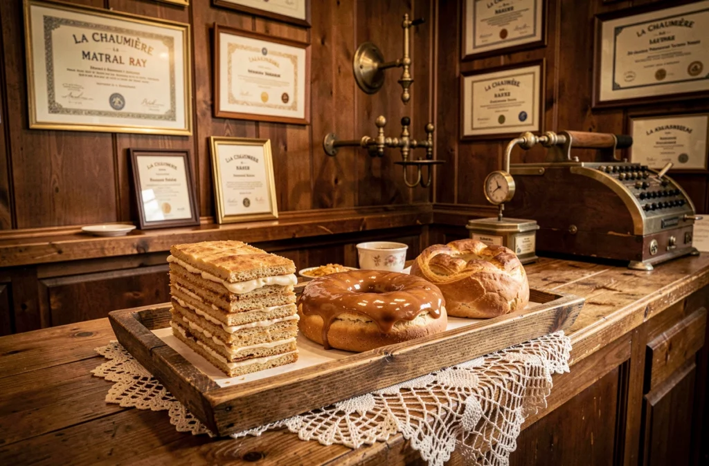Plateau de pâtisseries classiques dont un mille-feuille et un Paris-Brest à La Chaumière Martial Ray à Clermont-Ferrand