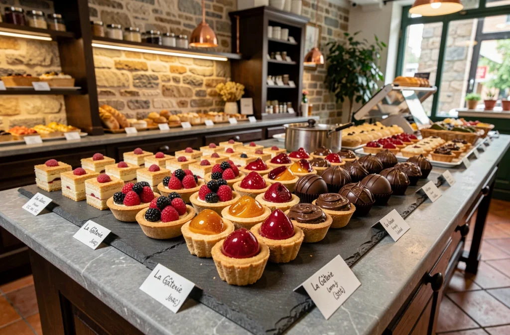Assortiment de petits fours et tartelettes aux fruits de La Gâterie, pâtisserie à Vienne, sur un comptoir en ardoise