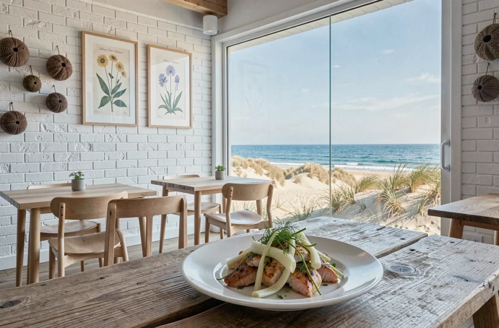 Restaurant Les Genêts à La Baule avec vue sur la côte Atlantique, assiette de fruits de mer et décor bord de mer épuré