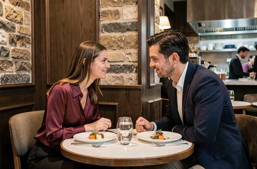 Couple attablé dans le restaurant romantique LuluRouget à Nantes, avec décor contemporain en pierre et bois sombre