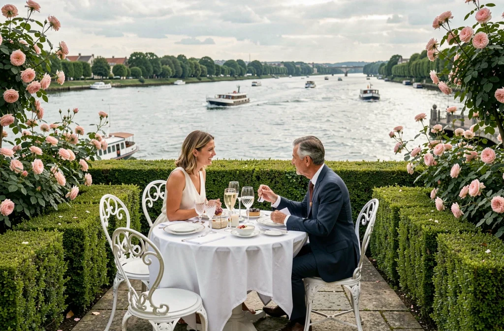 Terrasse fleurie du Manoir de la Régate à Nantes avec vue sur la Loire, tables en fer forgé et couple attablé