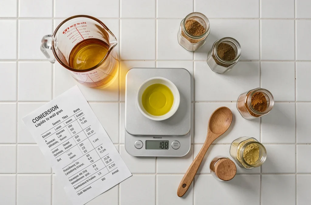 Vue aérienne d'outils de mesure culinaires sur un plan de travail blanc incluant un verre doseur en centilitres, une balance numérique et un tableau de conversion liquides en grammes