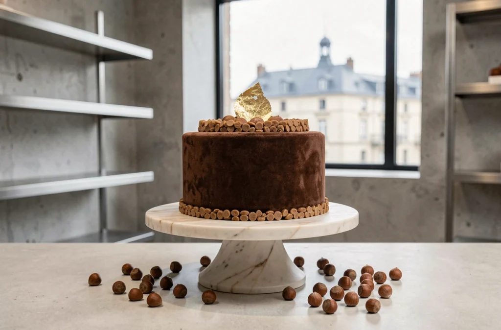 Entremet au velours cacao et praliné noisette de la Pâtisserie Alexis Thauvin à Clermont-Ferrand sur un socle en marbre