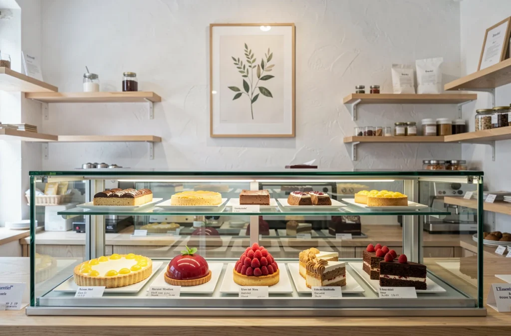Vitrine épurée de la Pâtisserie L'Essentiel à Morestel avec une tarte citron, un dôme framboise et une tranche de gâteau au chocolat