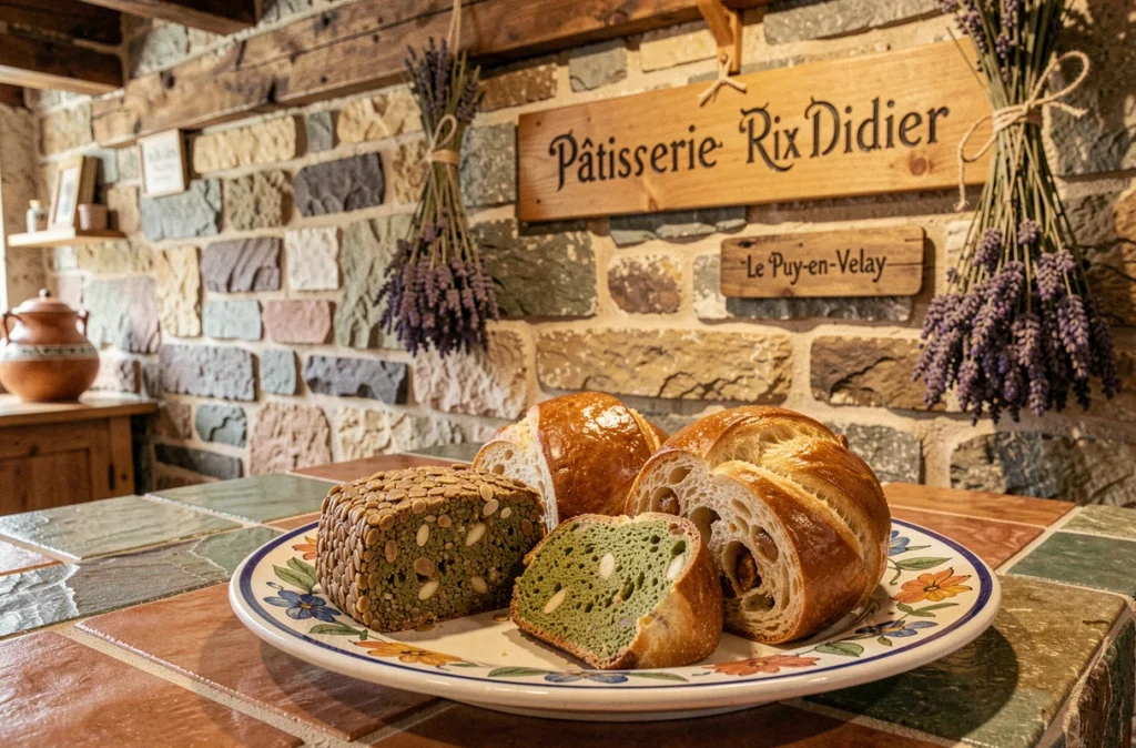 Financiers aux lentilles vertes du Puy et brioche pralinée de la Pâtisserie Rix Didier au Puy-en-Velay sur une assiette céramique peinte à la main