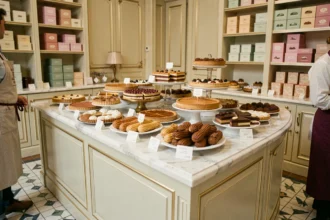 Vitrine d'une pâtisserie artisanale en Auvergne-Rhône-Alpes avec une sélection de gâteaux raffinés sur un comptoir en marbre