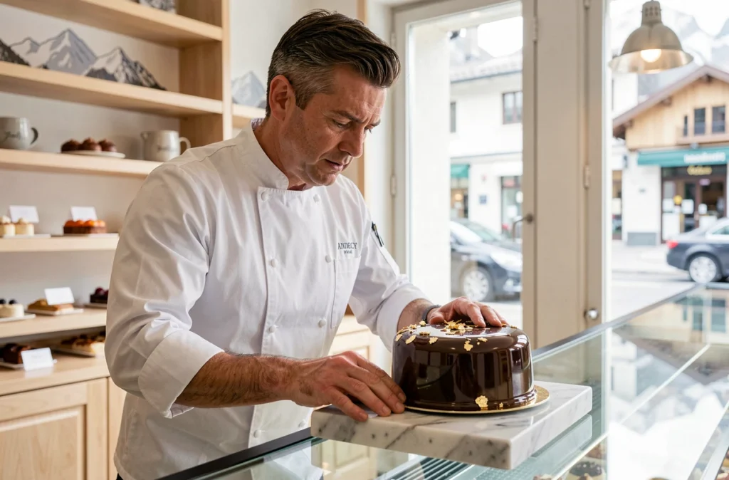 Philippe Rigollot, pâtissier à Annecy, déposant un entremet à glaçage miroir sur un socle en marbre dans sa boutique
