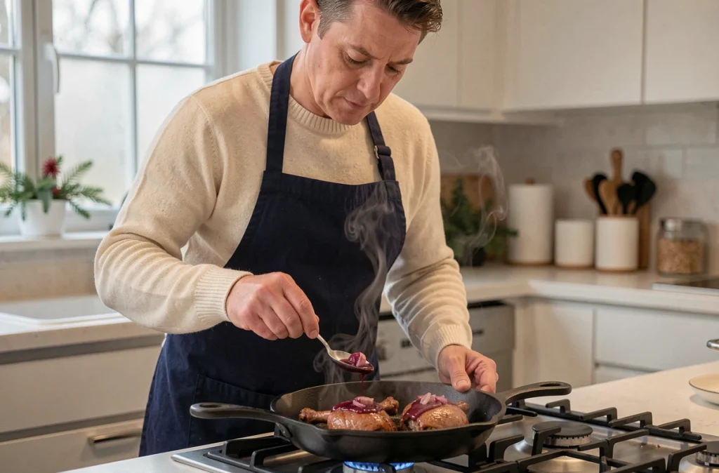 Cuisinier préparant un confit de canard avec sauce aux échalotes dans une cuisine de Noël conviviale