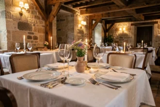 Table dressée pour deux dans un restaurant romantique des Pays de la Loire, avec bougies, verres en cristal et murs en pierre ancienne