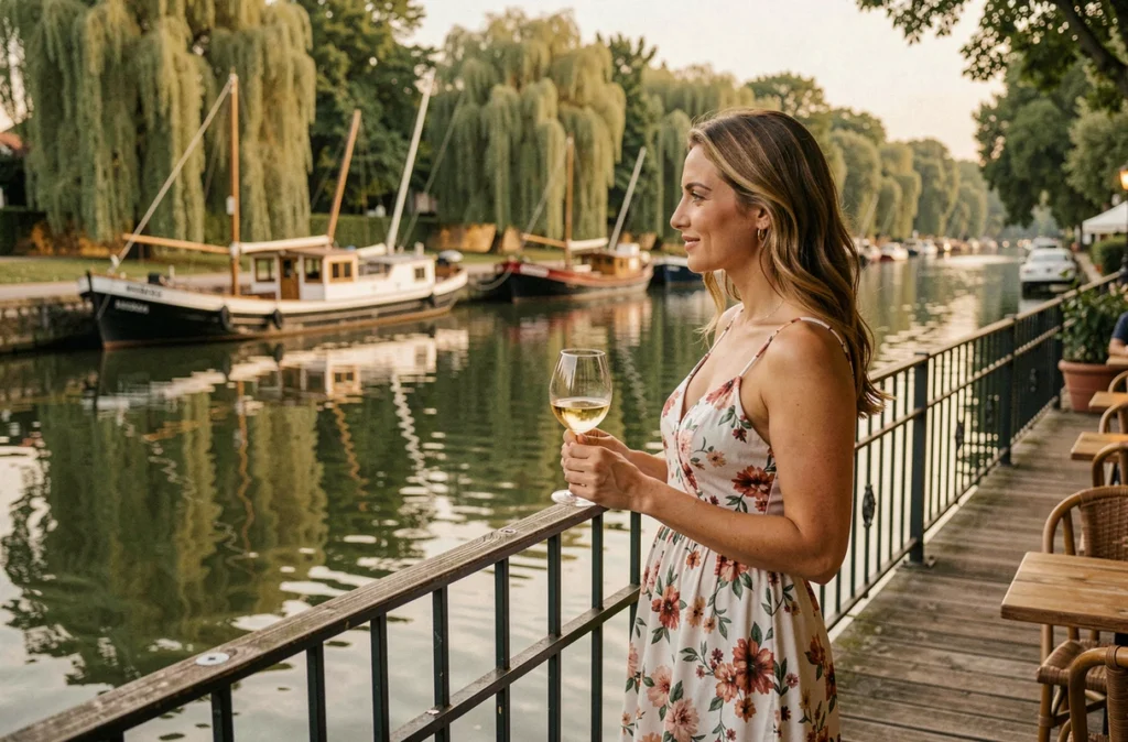Femme savourant un verre de Muscadet sur la terrasse du Resto d'la Cale à Saint-Julien-de-Concelles, au bord de l'eau