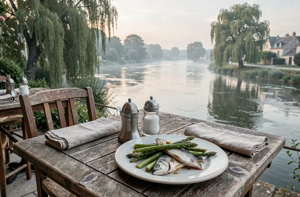 Terrasse du restaurant La Route du Sel à Gennes-Val-de-Loire avec vue sur la Loire et plat régional en premier plan