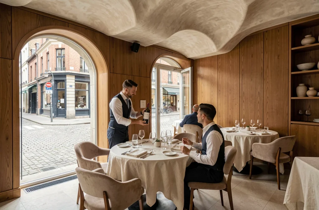 Salle de restaurant étoilé à Lille avec décor raffiné en bois chaud, sommelier et couple de convives
