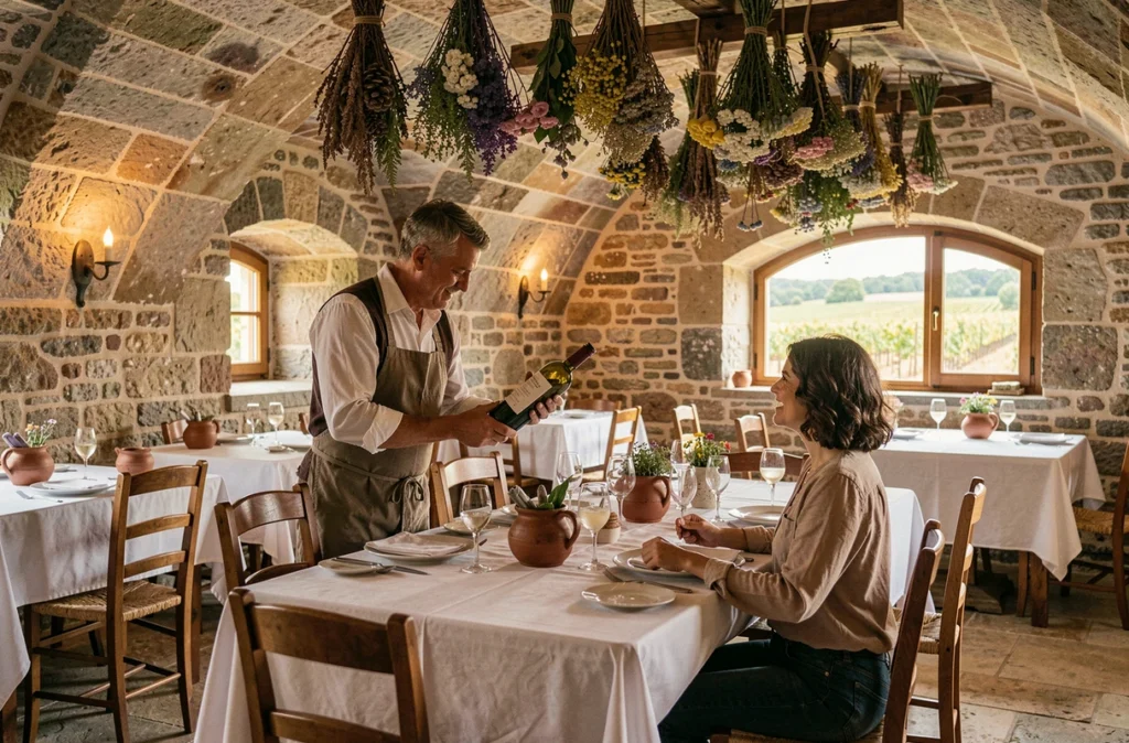 Sommelier présentant un vin d'Anjou à des clients dans la salle rustique de La Table de la Bergerie à Bellevigne-en-Layon