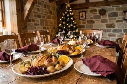 Table de Noël élégante avec confit de canard, pommes de terre rôties et chou rouge braisé dans un cadre rustique chaleureux