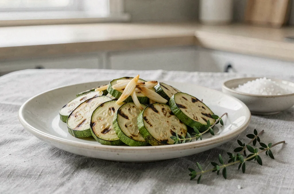 Assiette de courgettes poêlées avec ail doré servie sur nappe en lin gris, vue en angle rapproché style gastronomique
