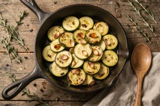 Poêle en fonte avec des courgettes sautées dorées et de l'ail caramélisé, vue de dessus sur une table en bois rustique